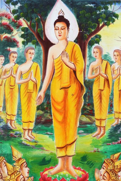 20151102, Vang Vieng, Laos: Pintura que representa la historia de la vida de Buda Shakyamuni. El Buda se dedicó a enseñar, atrayendo a cientos de seguidores de Unbekannt