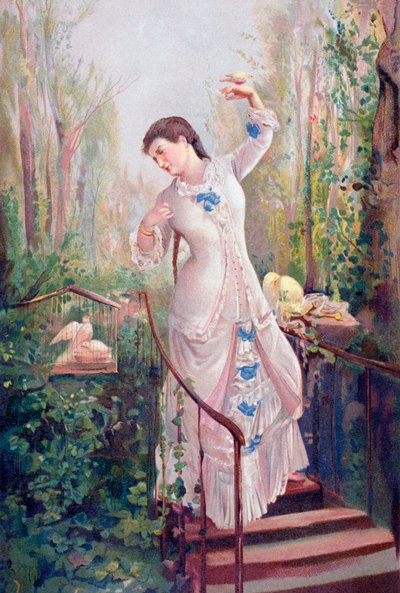 Una mujer del siglo XIX en un jardín con tórtolas, después de la pintura La Tórtola Madre, por Ramon Marti y Alsina, de 
