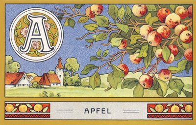 A: Apfel - Alfabeto Palmin. Serie de cromolitografías publicadas por H. Schlinck & Cie, Hamburgo, s.f. . Anuncio de Palmin feinstes Cocosfett. Tamaño : 7 x 11 cm de Unbekannter Künstler