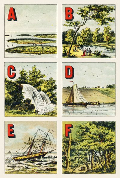 A B C D E F: archipiélago, Bosque de Boulogne, cascada, dique, escollo, bosque de Fontainebleau - Grabado extraído de Alfabeto geográfico. Guerin-Muller et Cie, editores, París de Unbekannt