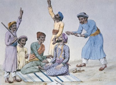 Un grupo de matones preparándose para estrangular a una víctima (litografía en color) de Unbekannter Künstler