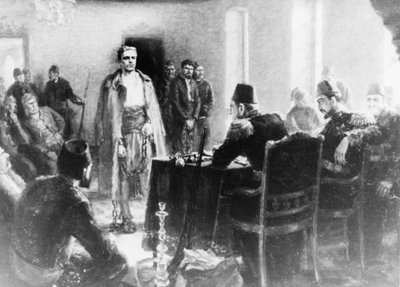 Pintura de Kalina Tasseva que representa al revolucionario búlgaro, Vasil Levski, frente a un tribunal del Imperio Otomano de Unbekannt