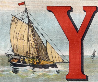 Un yate. Grabado en "Alphabet de ma petite fille". Bernardin-Bechet y Fils, libreros-editores, París, alrededor de 1895. Álbum irrompible sobre lienzo. Bibliothèque des Bébés. 12 páginas. Álbum que contiene un método de lectura y un abecedario ilustrativo. de Unbekannt
