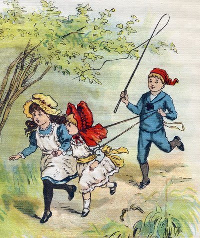 Un niño jugando a caballo con sus dos hermanas. Grabado en "ABC L