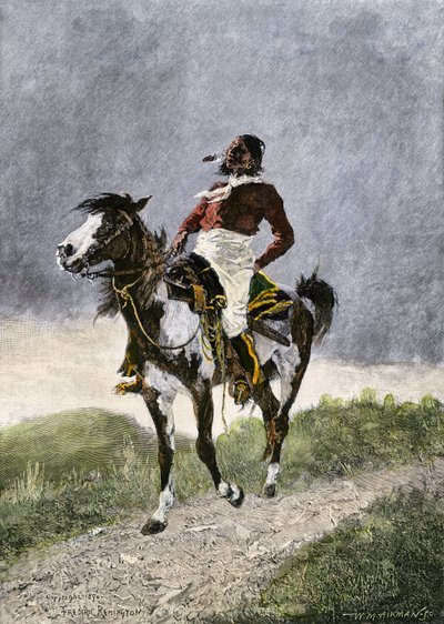 Un valiente comanche, viajando a caballo por las praderas del sur (Texas, Oklahoma, EE.UU.), hacia 1800. Litografía de Unbekannter Künstler