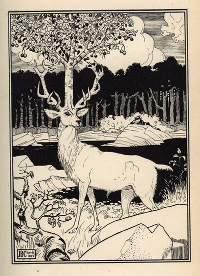 Un cerezo en la cabeza de un ciervo tocado por las piedras de cerezas lanzadas por el Barón de Munchausen. Ilustración de William Strang (1859-1921) y JB Clark de Las aventuras del Barón de Munchausen (Munchhausen) de Rudolf Erich Raspe (1736-1794) de Unbekannt