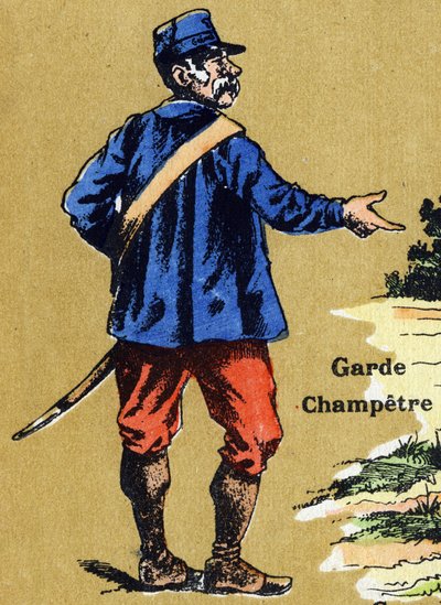 Un guardia rural. Alfabeto ilustrado. Imágenes reunidas en Jarville-Nancy, principios del siglo XX. Dim: 40 x 29 cm. Litografía sobre fondo bistre de Unbekannt