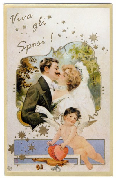 Una pareja de recién casados besándose. "Larga vida a los esposos"" Postal de 1901. de Unbekannter Künstler