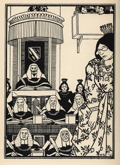 Una corte mayoritariamente femenina aparece al Barón como una ironía digna de mención entre sus aventuras. Ilustración de William Strang (1859-1921) y JB Clark del libro Las aventuras del Barón de Munchausen, de Rudolf Erich Raspe (1736-1794) (1789) de Unbekannt