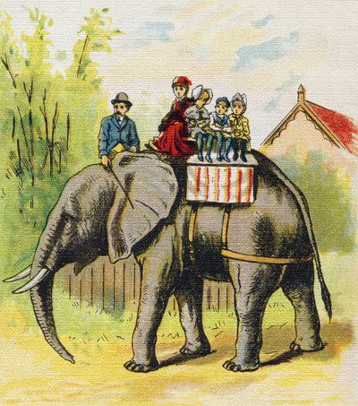 Una familia sentada en un elefante. Grabado en "ABC L
