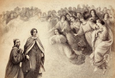 Una bandada de sombras se acerca a Dante y Beatrice. Ilustración del Canto V del Paradiso de La Divina Comedia de Dante Alighieri. Obra de Franceso Scaramuzza dedicada al Ayuntamiento de Florencia. de Unbekannter Künstler