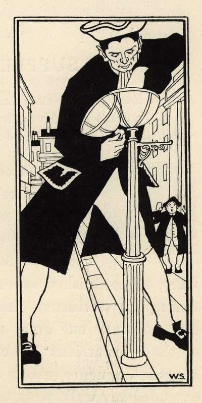 Un gigante, traído por el Barón de Munchausen desde la Isla del Queso en Inglaterra, enciende las luces de la calle sin escalera. Ilustración de William Strang (1859-1921) y JB Clark de Las aventuras del Barón de Munchausen (Munchhausen) de Rudolf Erich Ra de Unbekannt