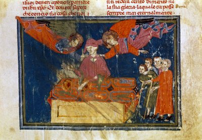 Un grupo de enfermos y un señor haciendo una obra de misericordia al prestarles asistencia. Miniatura extraída de "Las obras de Merciord" (ms. II, VI de Unbekannter Künstler