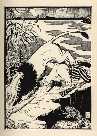 Un león que quería atacar al Barón de Munchausen terminó con un cocodrilo. Ilustración de William Strang (1859-1921) y JB Clark del libro Las aventuras del Barón de Munchausen, de Rudolf Erich Raspe (1736-1794) (1789) de Unbekannt