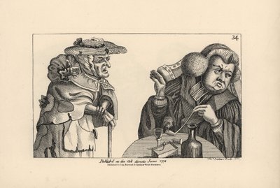 Un vicario rico y regordete con pipa de tabaco y licor ignora las súplicas de una pobre anciana. Grabado al cobre de Thomas Sanders a partir de una ilustración satírica de Timothy Bobbin (John Collier) (1708-1786) de Human Passions Delineated, John Haywood de Unbekannter Künstler