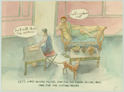 Ilustración de reconstrucción que muestra a dos personajes en su villa recién construida y considerando la posibilidad de añadir un suelo de mosaico, en el libro Marcus and Julia