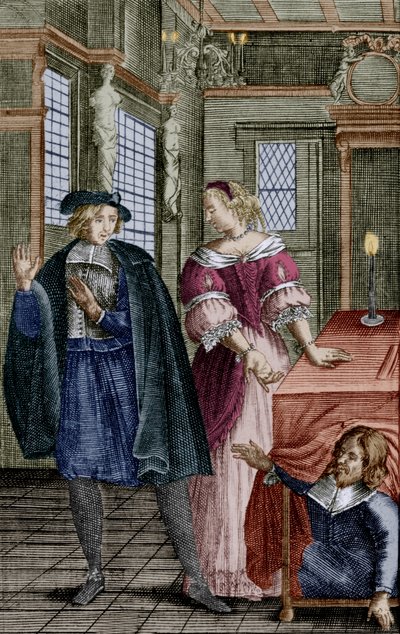 Una escena de la obra "Tartufo" de Moliere (1664) con Orgon (debajo de la mesa), Elmire, su mujer, y Tartufo, grabado de Unbekannter Künstler