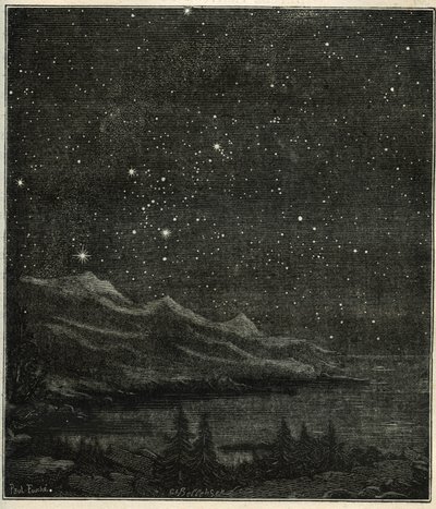 Una noche estrellada perfecta para observar el cielo. Grabado de "Les étoiles et les autres curiosites du ciel" de Camille Flammarion de Unbekannter Künstler