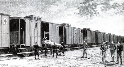 Un caso en camilla siendo subido a bordo de un tren hospital de Unbekannt