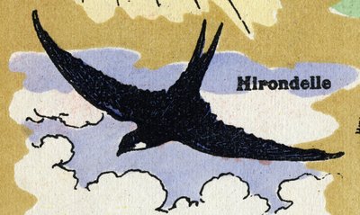 Una golondrina. Alfabeto ilustrado. Imageries reunidas en Jarville-Nancy, principios del siglo XX. Dim: 40 x 29 cm. Litografía sobre fondo bistre de Unbekannt