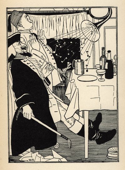 Una trompeta que se había congelado, produce sonidos por sí sola cuando se calienta, para la diversión y asombro de todos. Ilustración de William Strang (1859-1921) y JB Clark de Las aventuras del Barón de Munchausen (Munchhausen) de Rudolf Erich Raspe (17 de Unbekannt
