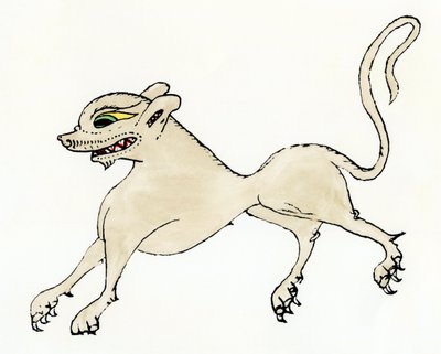 Un hombre lobo, en la Edad Media - Grabado coloreado a partir de un bestiario del siglo XIII, Historia Scolastica de Pierre el Devorador (o Petrus Comestor o Manducator, ca. 1110-1179) - Representación medieval de un hombre lobo - Grabado en madera colorea de Unbekannter Künstler