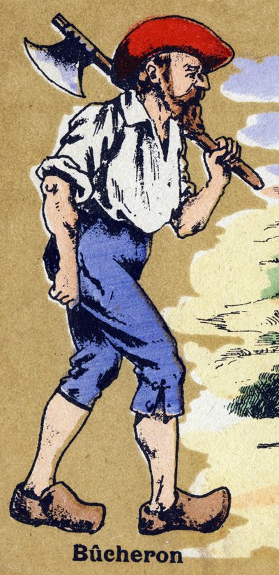Un leñador saliendo a cortar madera con un hacha. Alfabeto ilustrado. Imágenes reunidas en Jarville-Nancy, principios del siglo XX. Dim: 40 x 29 cm. Litografía sobre fondo bistre de Unbekannt