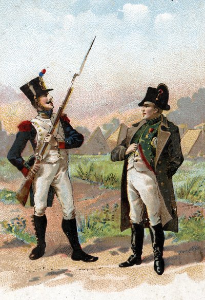 Un joven soldado detiene a Napoleón I en su camino 1805. Siglo XIX (cromolitografía) de Unbekannter Künstler