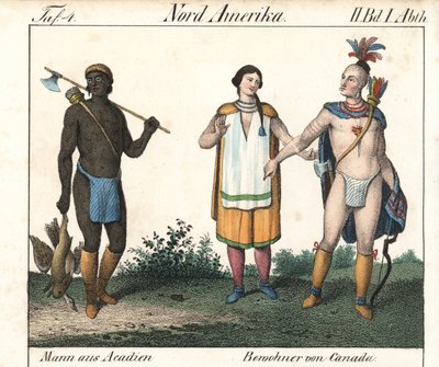 Hombre acadiano con el cuerpo tatuado y una pareja de indios nativos canadienses. Litografía para el libro: "Galerie complete en tableaux fideles des peuples d