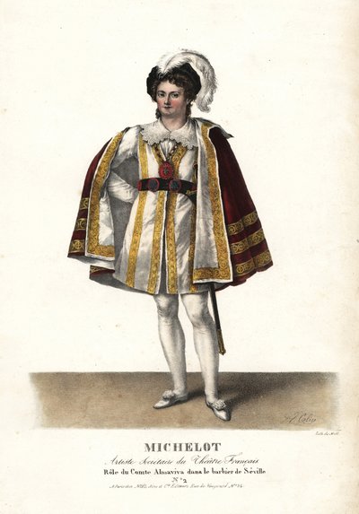 El actor Pierre Marie Nicolas Michelot como el Conde Almaviva en Le Barbier de Seville de Pierre Beaumarchais, Teatro Francés. Litografía coloreada a mano por F. Noel a partir de una ilustración de Alexandre-Marie Colin de Portraits d
