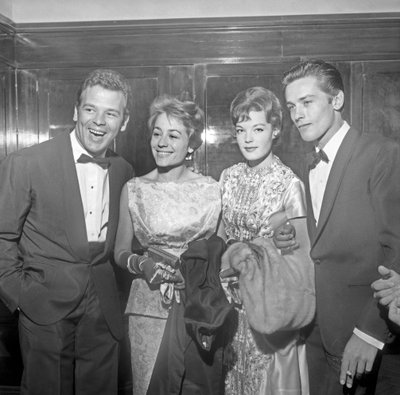 Los actores Renato Salvatori, Annie Girardot, Romy Schneider y Alain Delon en la 21ª Mostra de Venecia (fotografía en B/N) de Alec Hunter