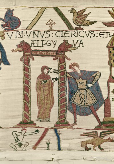 Aelfgyva con un sacerdote, Tapiz de Bayeux (bordado en lana sobre lino) de Unbekannt