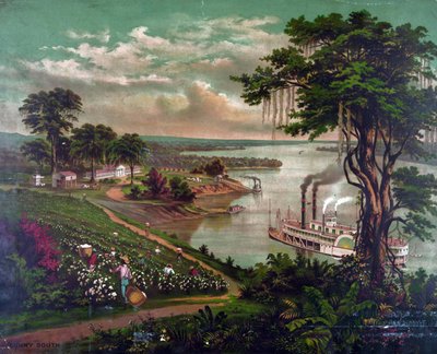 Afroamericanos recogiendo algodón en una plantación junto al Mississippi, c1883. Casa de la plantación a la izquierda, cabañas de los trabajadores a su derecha. Embarcadero para cargar fardos de algodón, en el centro. Paddle Steamer Río Agricultura Textil  de Unbekannter Künstler