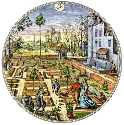 Agricultura: Jardinería en un huerto europeo al comienzo de la primavera hacia 1590 Grabado en color del siglo XVI de Unbekannter Künstler