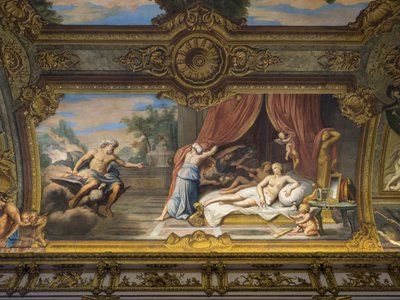 Alegoría del Fuego representando a Júpiter y Semele, Luis XIII (1601-1643) visitando a Ana de Austria (1601-1666) (concepción de Luis XIV). Pintura de la bóveda de la Galería dorada, por François Perrier (1594-1649) de Unbekannt