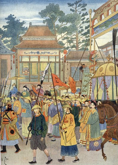Alegoría del antiguo himno chino: El Emperador en palanquín, hacia 1900 (Ilustración) de Unbekannter Künstler