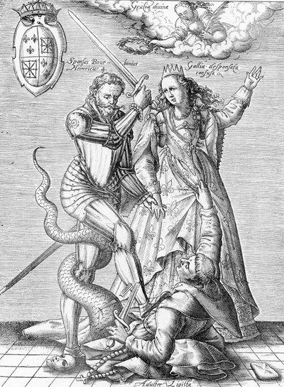 Alegoría de la muerte de la Liga Católica representada como un monje con cuerpo de serpiente asesinado por el rey de Francia Enrique IV y Francia. Finales del siglo XIX (grabado del "Museo-Criminal" de Henri Varennes y Edgar Troimaux) de Unbekannter Künstler