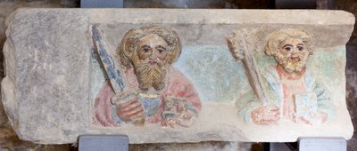 Retablo. piedra policromada. Segunda mitad del siglo XIV. Origen antigua iglesia parroquial de Torre de Rialb. (detalle) Registro inferior. Panel izquierdo. Los evangelistas Pablo y Pedro. de Unbekannt
