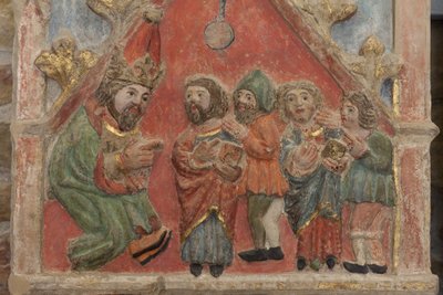 Retablo. piedra policromada. Segunda mitad del siglo XIV. Origen antigua iglesia parroquial de Torre de Rialb. (detalle) Registro medio. Panel izquierdo. Parte superior: los Santos Iscle y Victoria con los oficiales. de Unbekannt