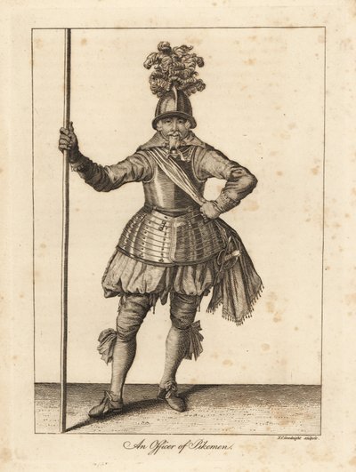 Un oficial de piqueros con uniforme militar de casco, armadura de peto, faja, calzones, medias con espada y pica de Unbekannt