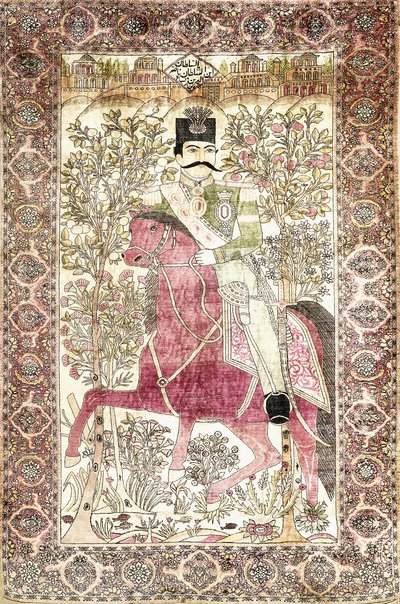 Una alfombra pictórica antigua de seda Kashan "mochtasham", que representa la figura montada de Naser al-Din Shah de Unbekannt