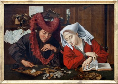Un échevin y su esposa, una escena alegórica moralizante de la vida cotidiana o bajo una vela, el atractivo de las monedas de oro en la balanza, descubre la atención de las ocupaciones espirituales de Unbekannt