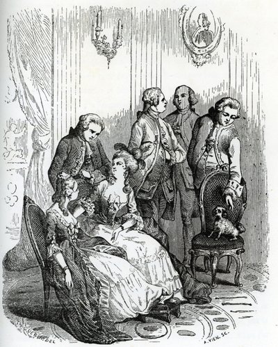 Una velada en el castillo de Vaux-le-Vicomte en tiempos del rey Luis XV (1710-1774). Siglo XIX (grabado de "Mysteres des vieux chateaux de France" de Le Francois) de Unbekannter Künstler