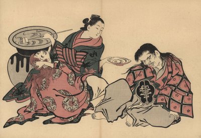 Una cortesana oiran jugando a dos shojo con sake de un enorme jarrón. Grabado xilográfico de Masanobu Okumura (1686-1764) de Fuzoku Emakimono, Picture Scroll of the Water Trade, Tokio, reimpresión de hacia 1880. de Unbekannter Künstler