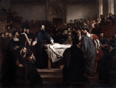 Anatomía lecon. Andre Vesale (1514-1564), anatomista flamenco (Andrea Vesalius o Andries Van Wesel) en Padua (Padua), Italia. de Unbekannter Künstler