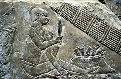 Antiguo Egipto: Saqqarah (o Saqqara o Sakkarah): necrópolis del Antiguo Imperio, tumba de nobles. Detalle de relieves que representan a un pescador. de Leopold Blonder