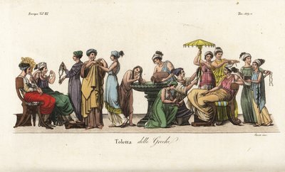 Mujeres griegas antiguas en su tocador: lavándose el cabello en una fuente, probándose ropa, arreglándose el cabello, admirando un collar, etc. Grabado en cobre coloreado a mano por Sasso después de una pintura de Pelagio Palagi del libro 