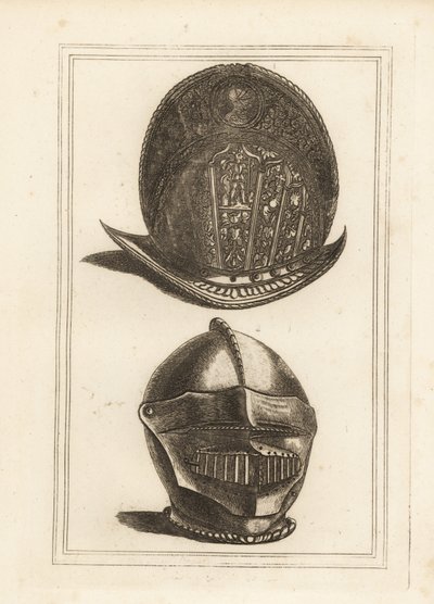 Antiguo casco morrión veneciano ornamentado con trofeos militares, y un casco burgonet con visera y babera unificadas de la Torre de Londres de Unbekannt