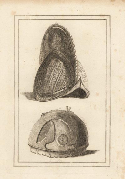 Antiguo casco morrión veneciano ornamentado con trofeos militares, y un antiguo casco romano encontrado en Cannae de Unbekannt