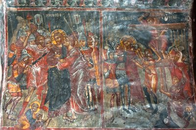 Frescos antiguos; pinturas murales; beso de Judas; Crucifixión de Jesús; Iglesia Panagia y Sotiras; Iglesia ortodoxa griega; Roustika; Creta; Grecia; Europa de Unbekannt